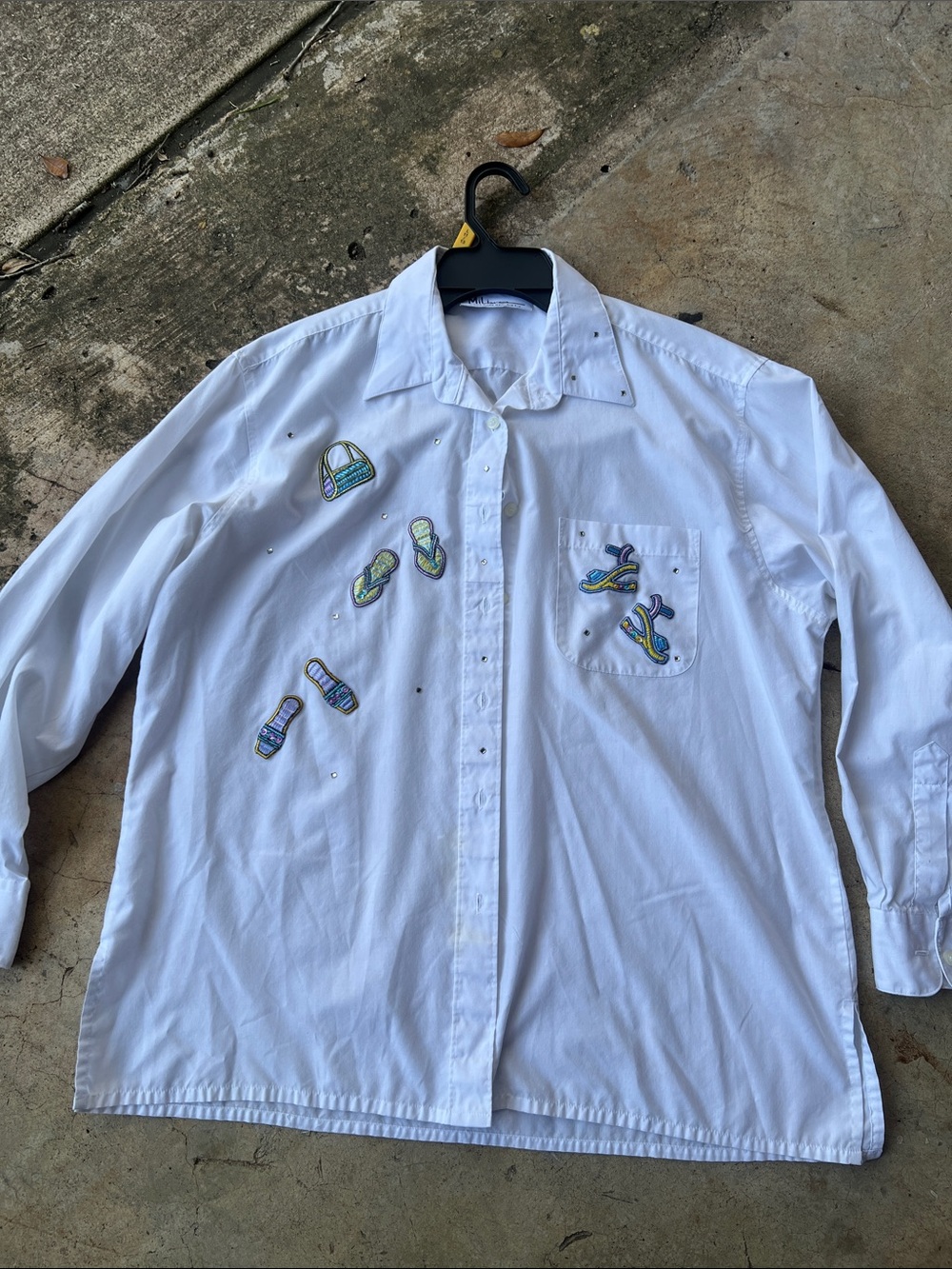 Women's White Embroidered Button-Down Shirt with Flip-Flop Motif